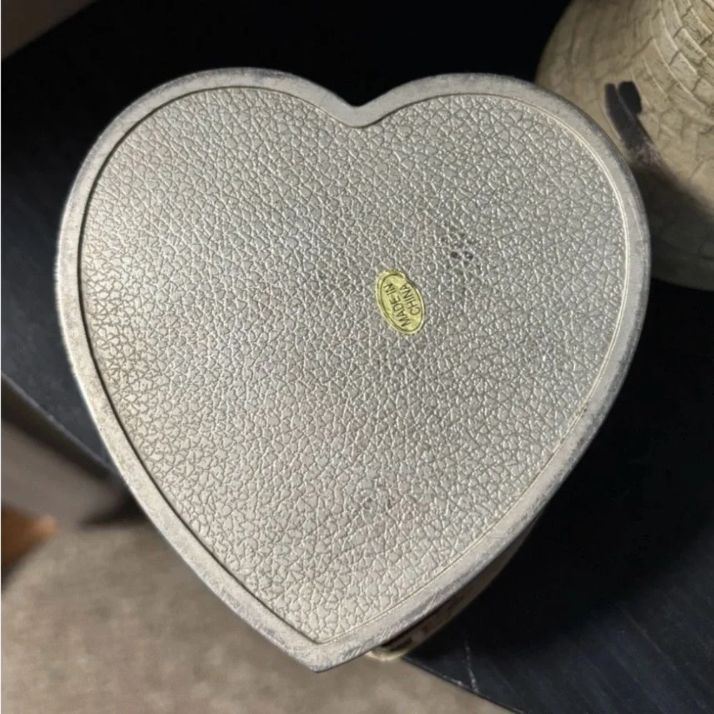 Vintage Silver Heart Jewelry Box with Gold Bow Accent